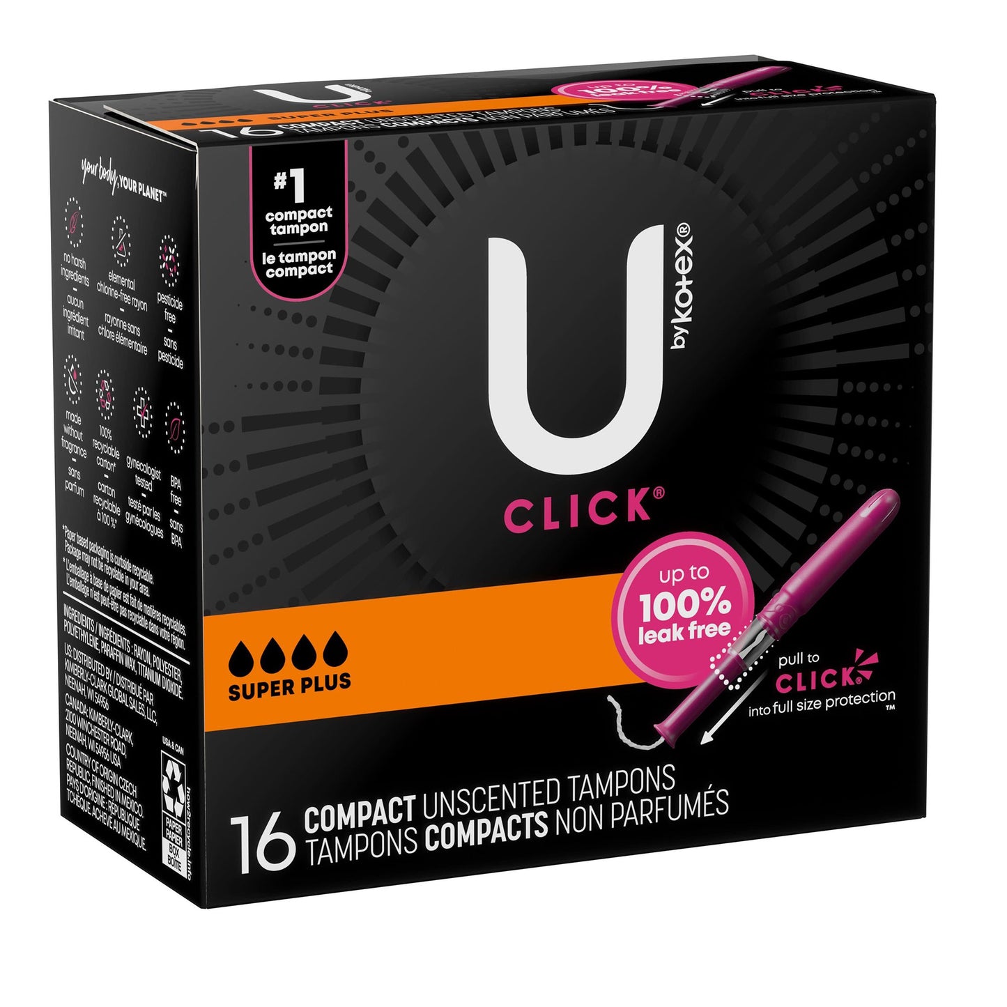 TAMPON, U BY KOTEX CLICK SUPE R PREM ABSRB (16/PK 8PK/CS)