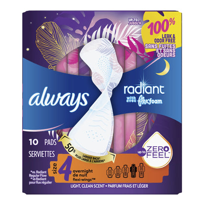 PAD, ALWAYS RADIANT W/FLEXI-WINGS OVERNIGHT SZ4 (10/BX)