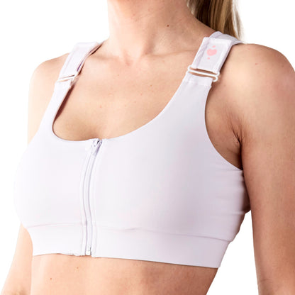 BRA, PST-OP SHIRL W/DBL ZIP FRNT CLSR STRAP WHT SQUEEN (36/C