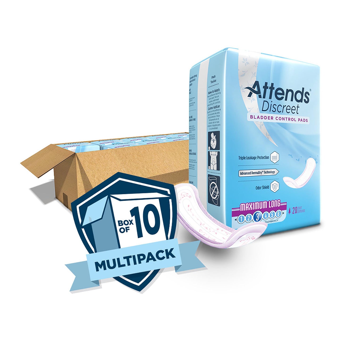 PAD, BLADDER CNTRL ATTENDS DISCREET MAX LONG (20/BG 10BG/CS)