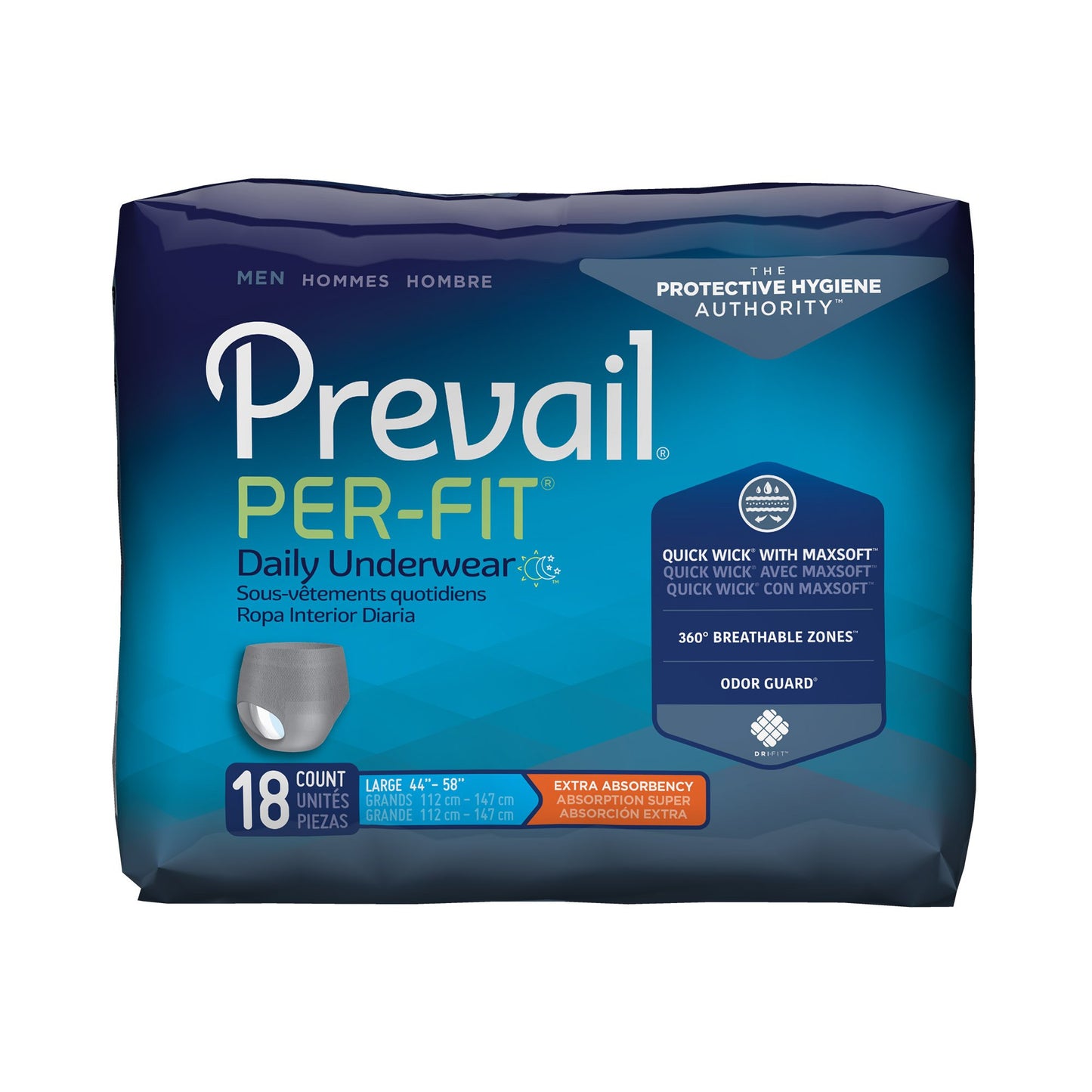 UNDERWEAR, PREVAIL PER-FIT MEN44"-58" LG (18/BG 4BG/CS)