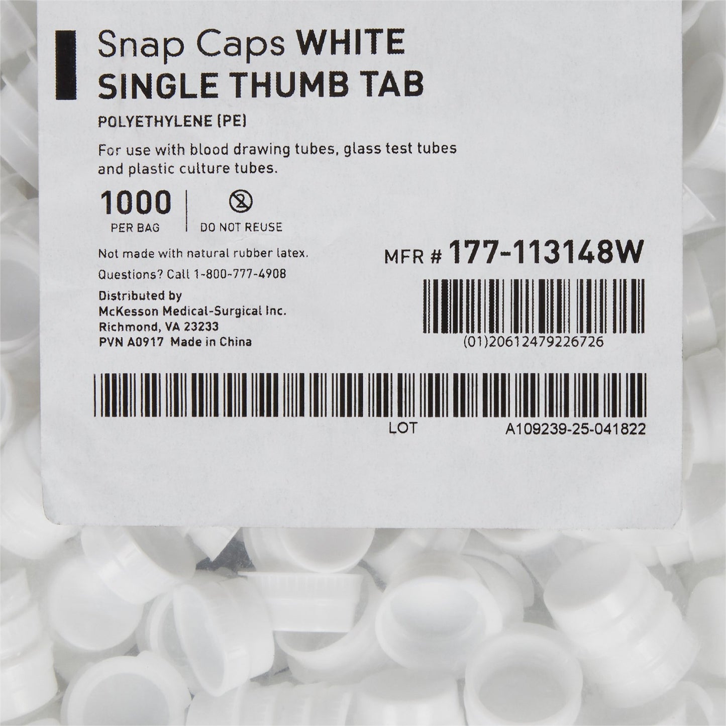 CAP, VAC TUBE WHT 16MM (1000/BG)