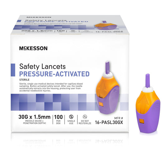 LANCET, SAFETY PRESS ACTIV PURP 1.5MM 30G (100/BX 20BX/CS)