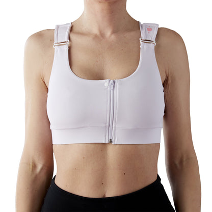 BRA, PST-OP SHIRL W/DBL ZIP FRNT CLSR STRAP WHT SQUEEN (36/C