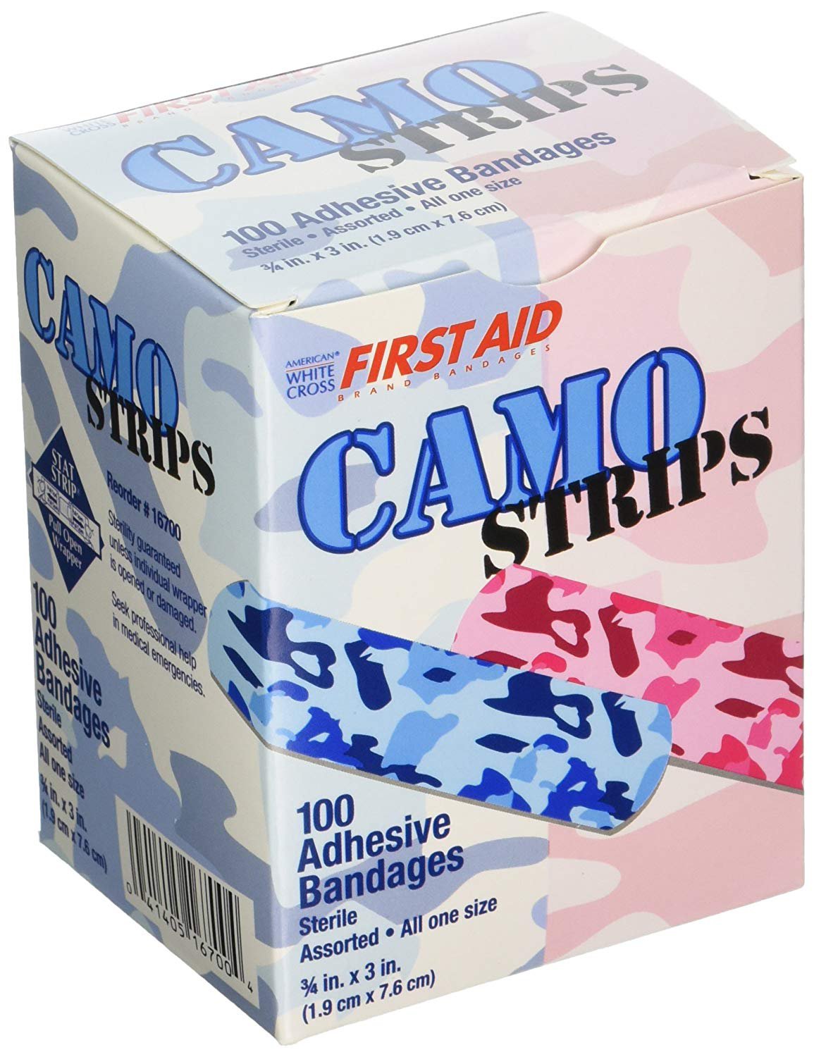 BANDAGE, ADH STRIP BLU/PNK CAMO 3/4"X3" (100/BX 12BX/CS