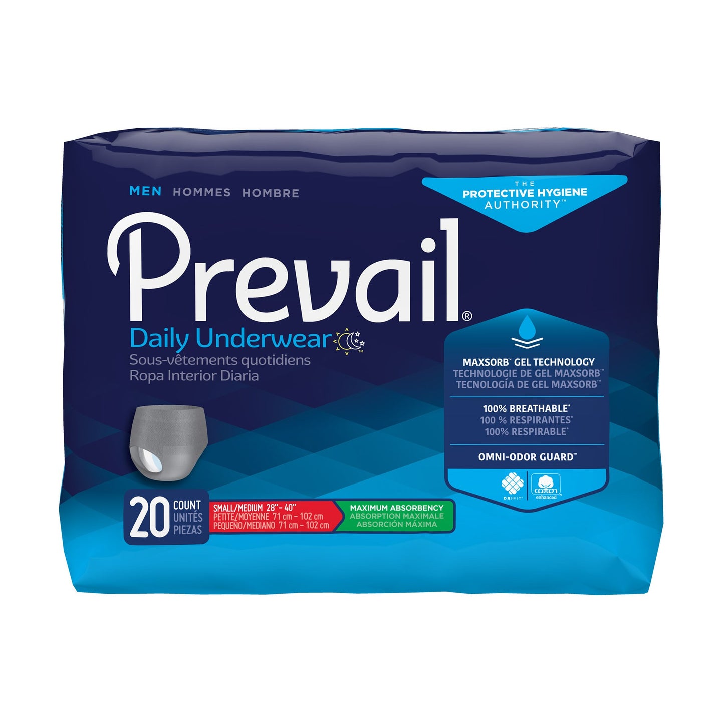 UNDERWEAR, PREVAIL MEN 28"-40"SM/MED (20/BG 4BG/CS)