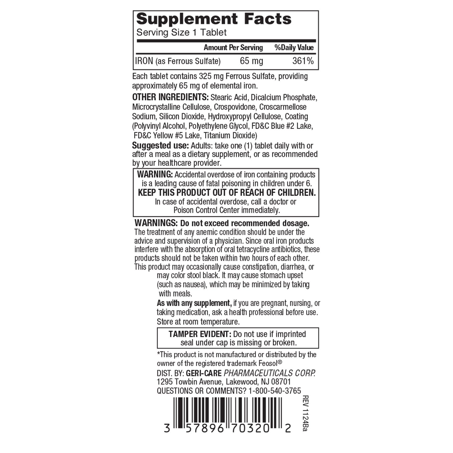FERROUS SULFATE, TAB 5G/325MG (200/BT 12BT/CS)