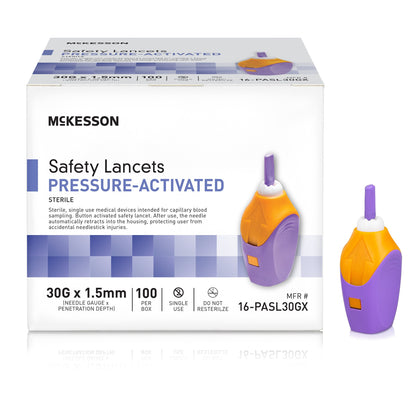 LANCET, SAFETY PRESS ACTIV PURP 1.5MM 30G (100/BX 20BX/CS)