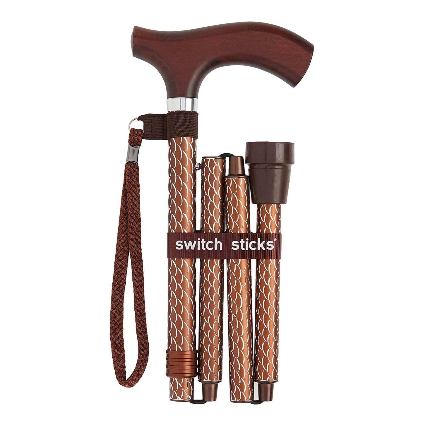 CANE, FOLDING WALKING STICK SWITCH STICKS ENGRAVED COGNAC