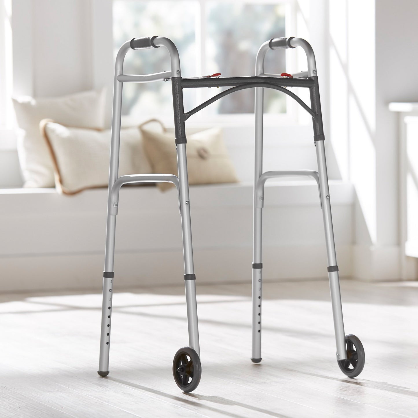 WALKER, FOLDING ALUM W/WHEELS ADLT 350LB