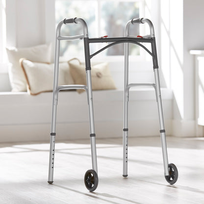WALKER, FOLDING ALUM W/WHEELS ADLT 350LB