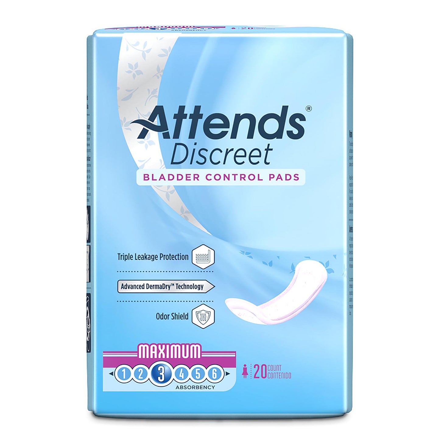PAD, BLADDER CNTRL ATTENDS DISCREET MAX (20/BG 10BG/CS)