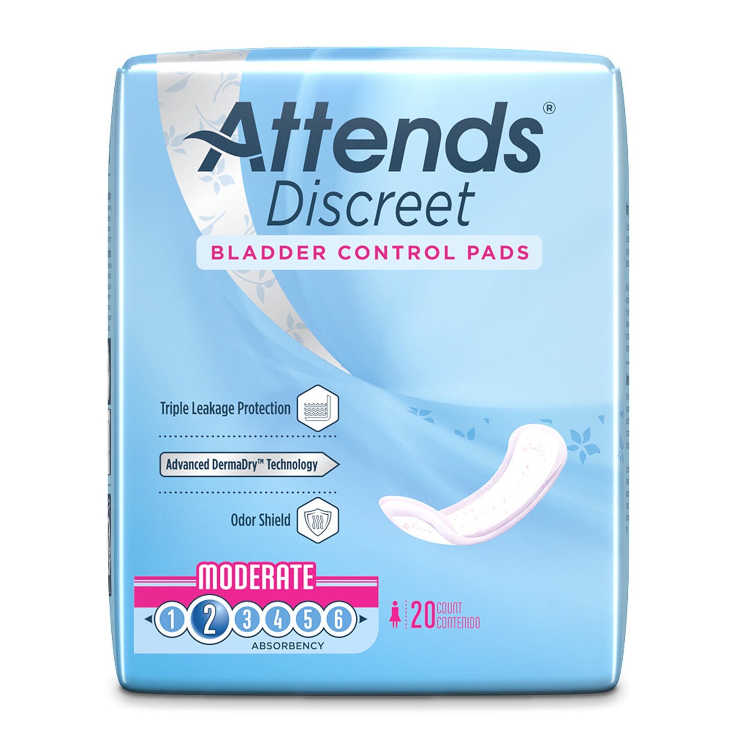 PAD, BLADDER CNTRL ATTENDS DISCREET MODERATE (20/BG 10BG/CS)