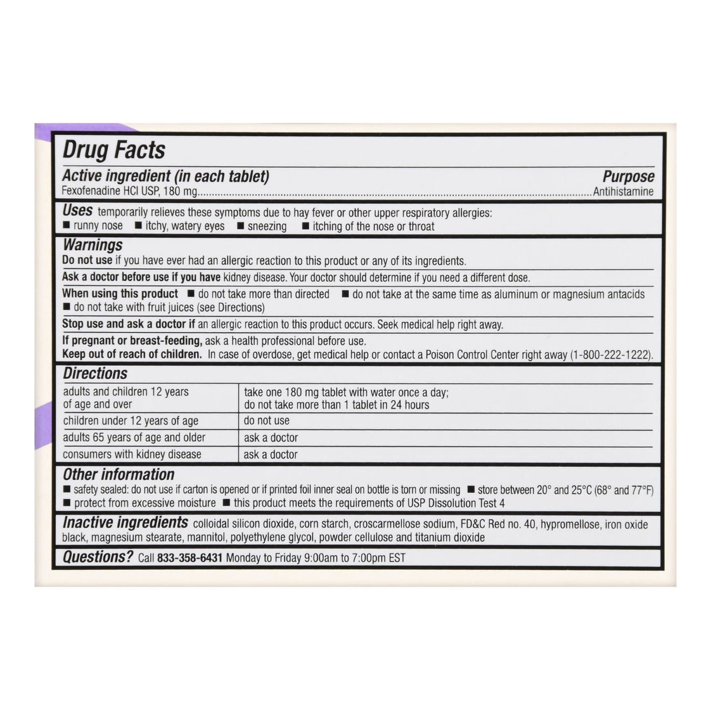FEXOFENADINE, TAB FT SM 180MG (30/BX)