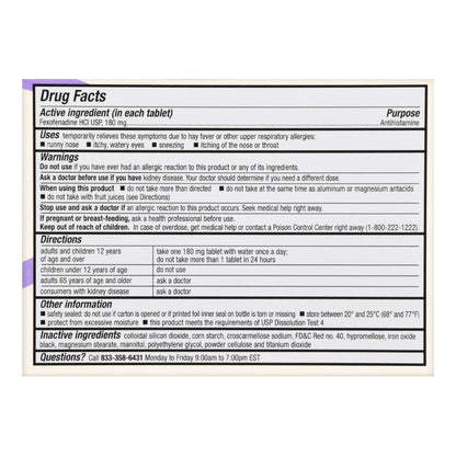 FEXOFENADINE, TAB FT SM 180MG (30/BX)