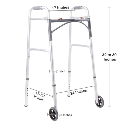 WALKER, FOLDING ALUM W/WHEELS ADLT 350LB