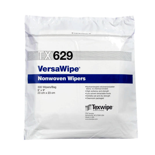 <ul><li>9 Inches by 9 Inches</li><li>White</li><li>VersaWipe® TX629 dry nonwoven cleanroom wipers