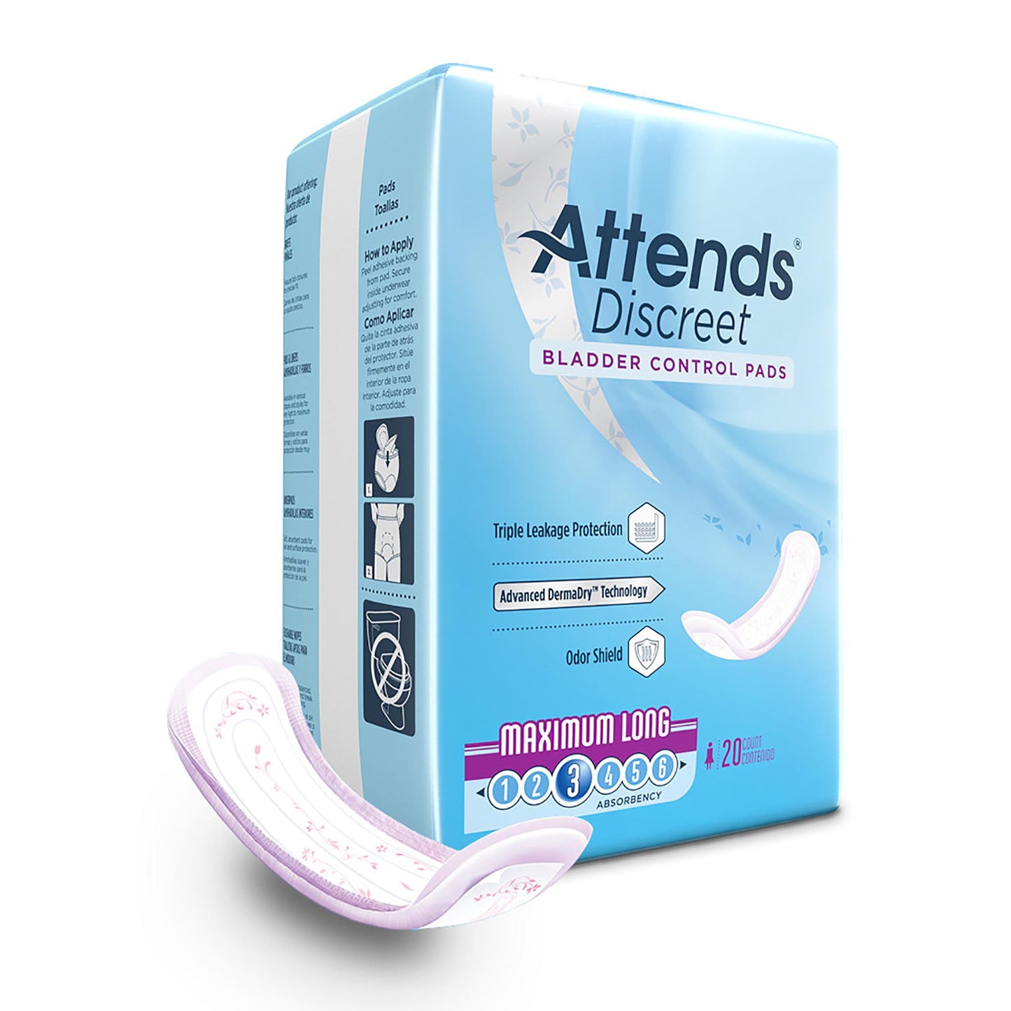 PAD, BLADDER CNTRL ATTENDS DISCREET MAX LONG (20/BG 10BG/CS)