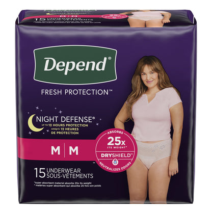 UNDERWEAR, INCONT DEPEND OVRNIGHT BLUSH FML MED (15/PK 4PK