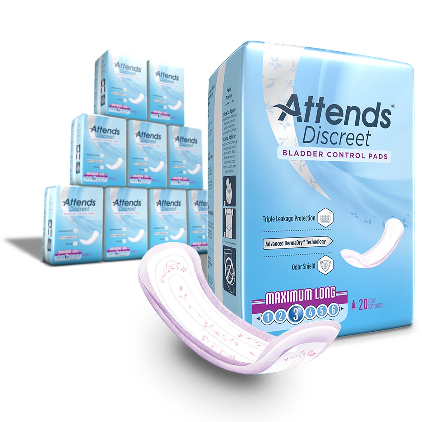 PAD, BLADDER CNTRL ATTENDS DISCREET MAX LONG (20/BG 10BG/CS)
