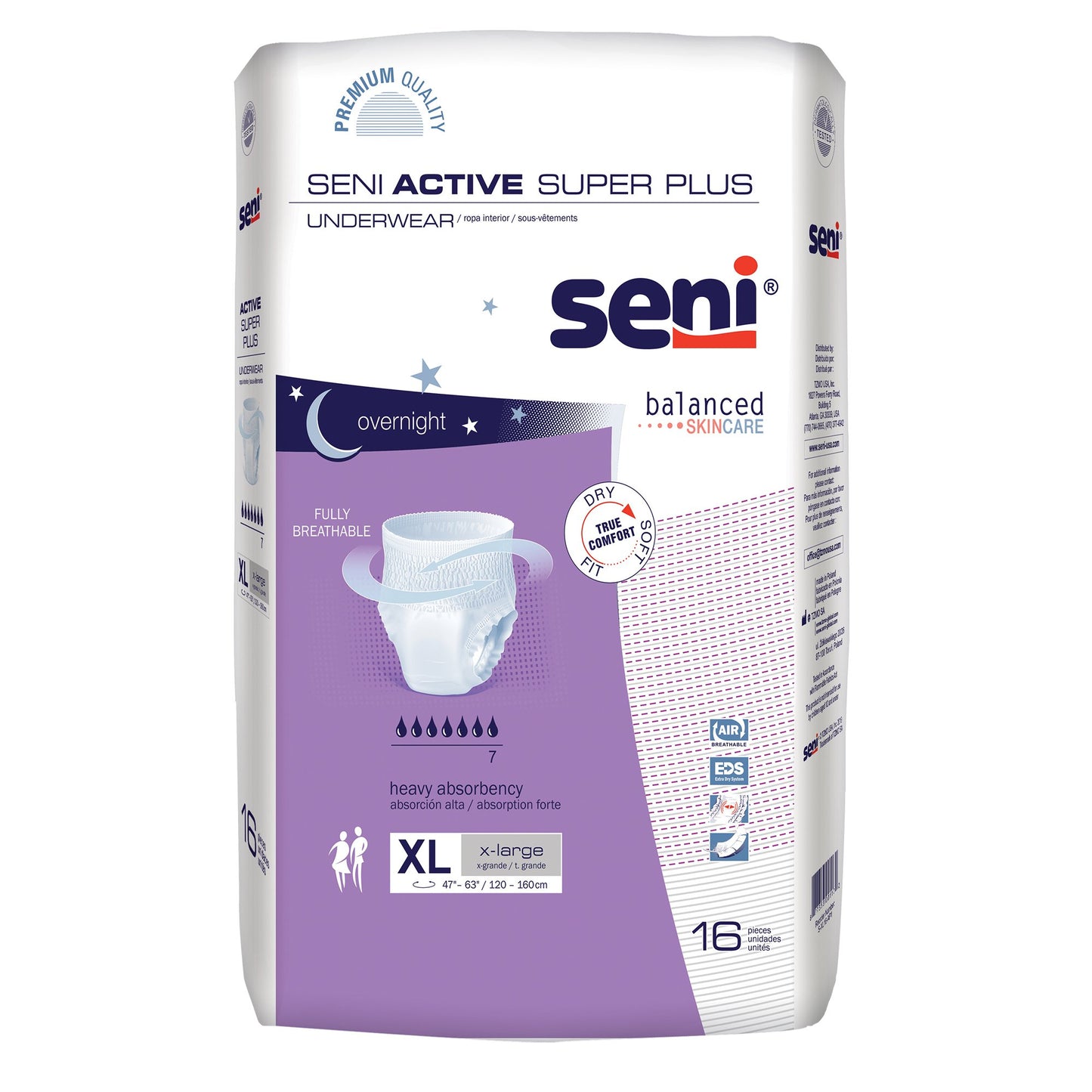 UNDERWEAR, SENI ACTIVE PLUS XLG (16/PK 4PK/CS)