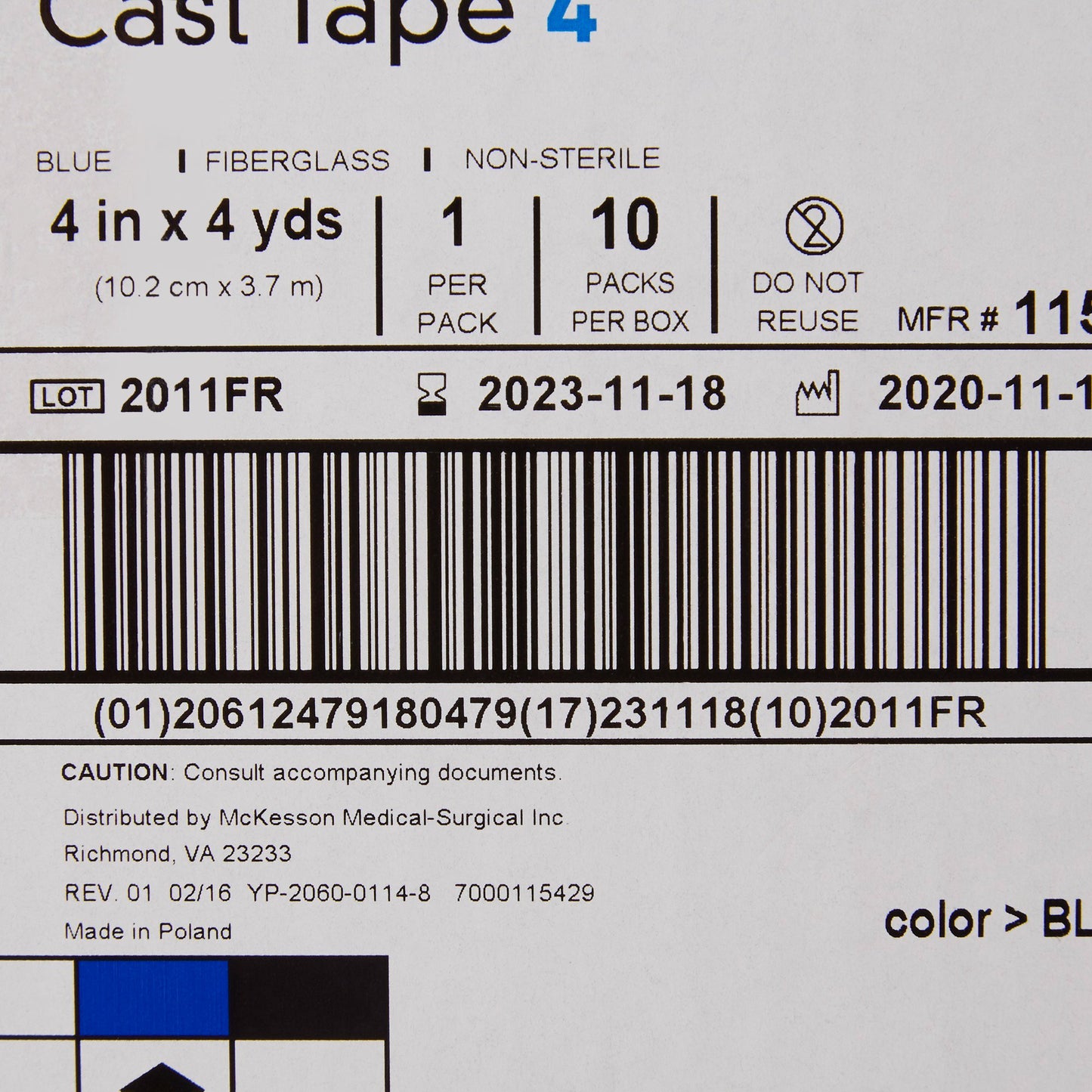 TAPE, CAST BLU LF 4"X4YDS (10RL/BX)