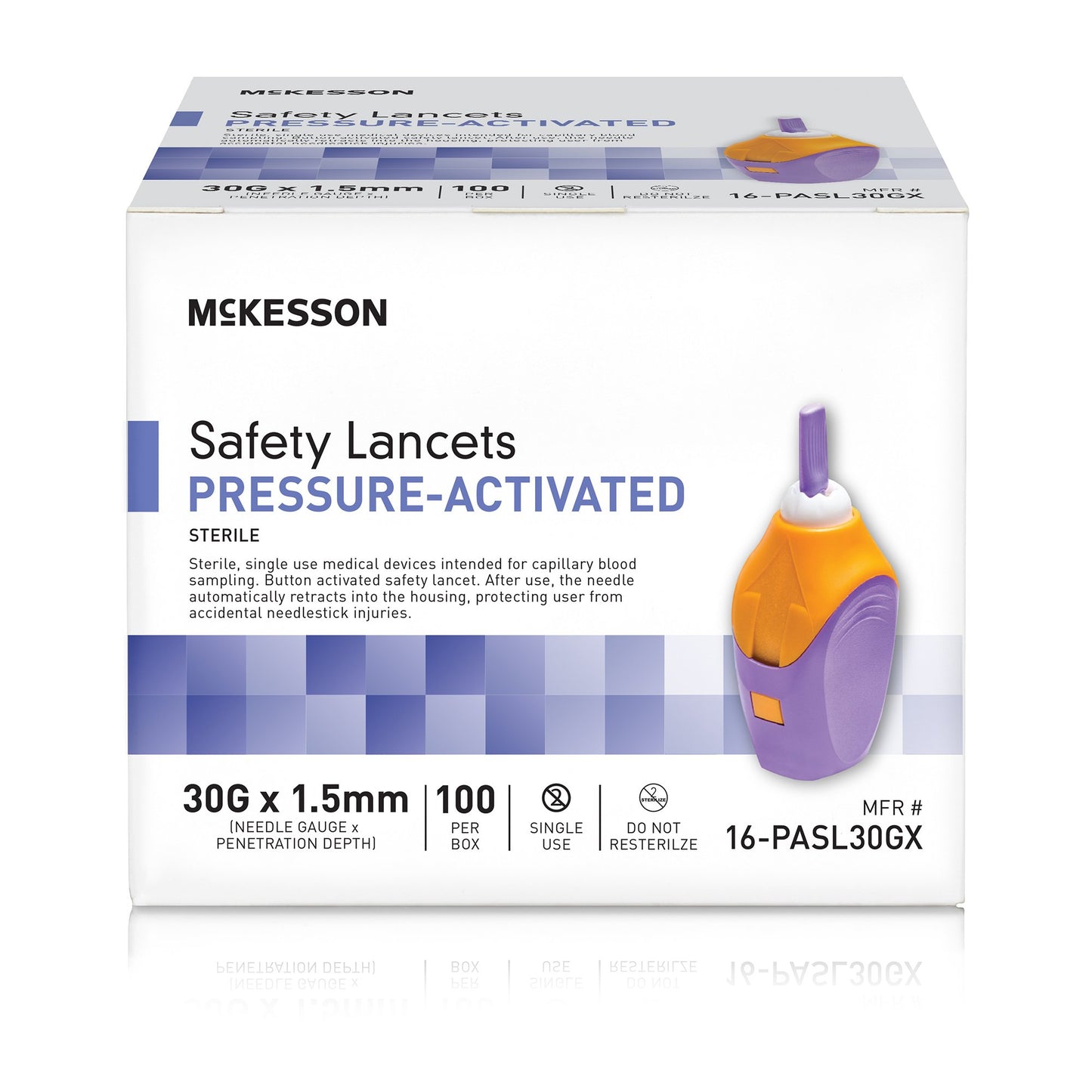 LANCET, SAFETY PRESS ACTIV PURP 1.5MM 30G (100/BX 20BX/CS)
