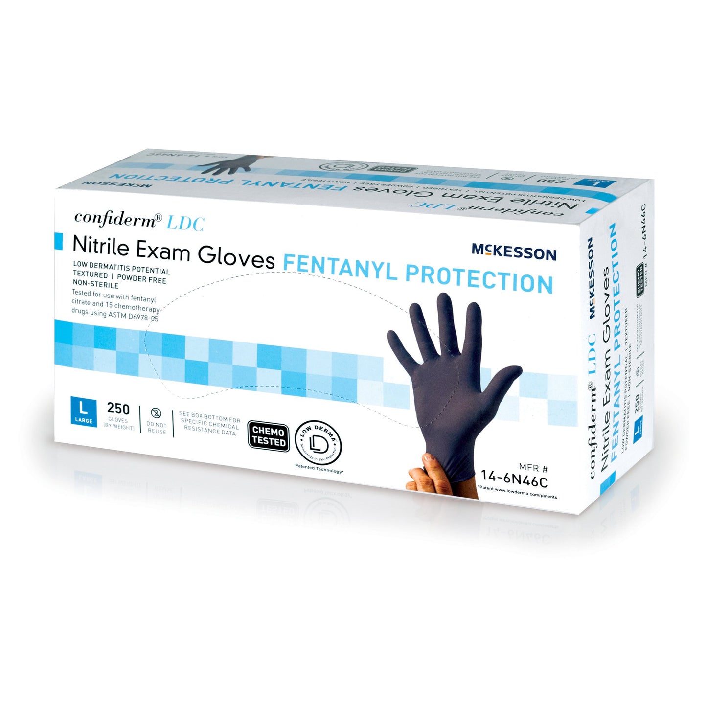 GLOVE, EXAM NTRL LG N/S CHEMO LDC BLU (250/BX 10BX/CS)