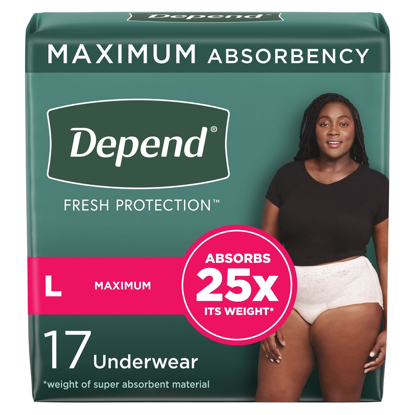 UNDERWEAR, DEPEND MAX ABSRB WMN LG (17/PK 2PK/CS)