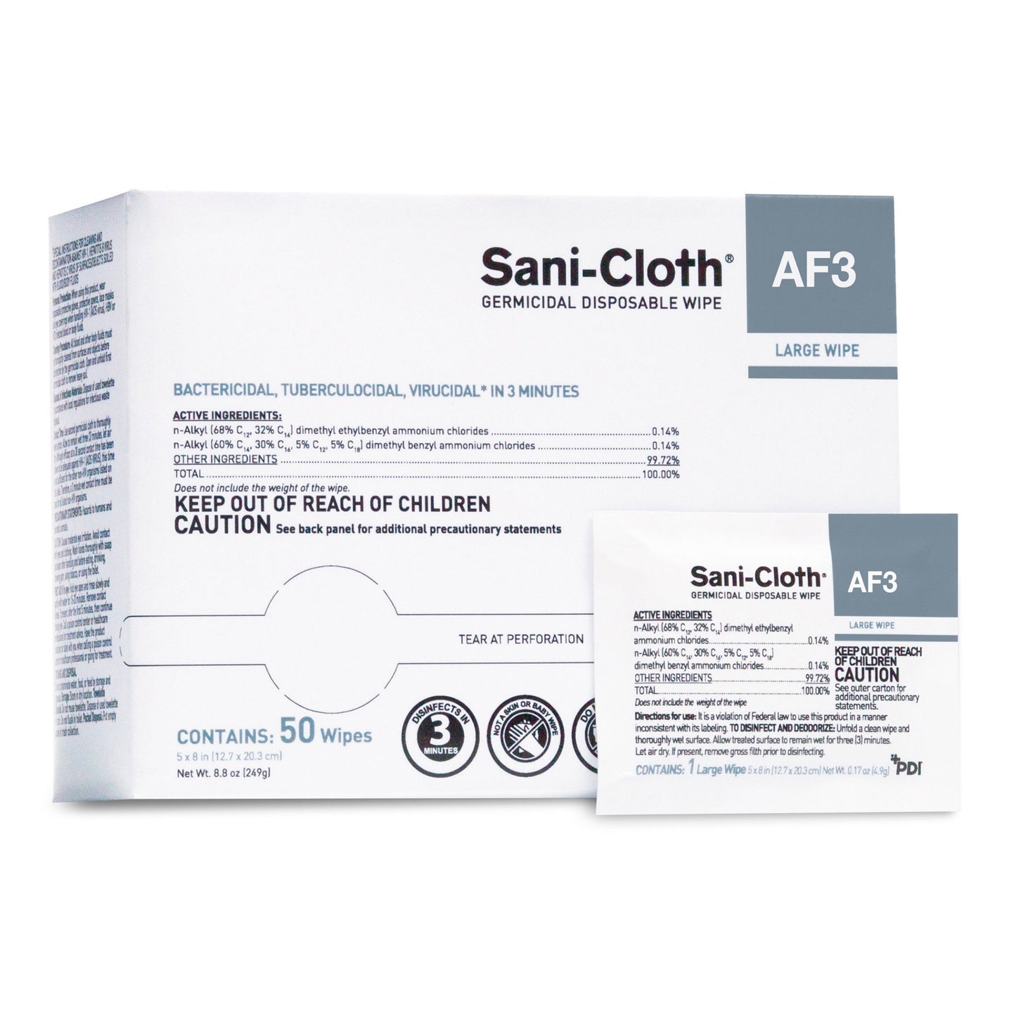 WIPE, DRY SANI-CLOTH AF3 LG 5X8 INDIVIDUAL PACK (50/BX 10BX)