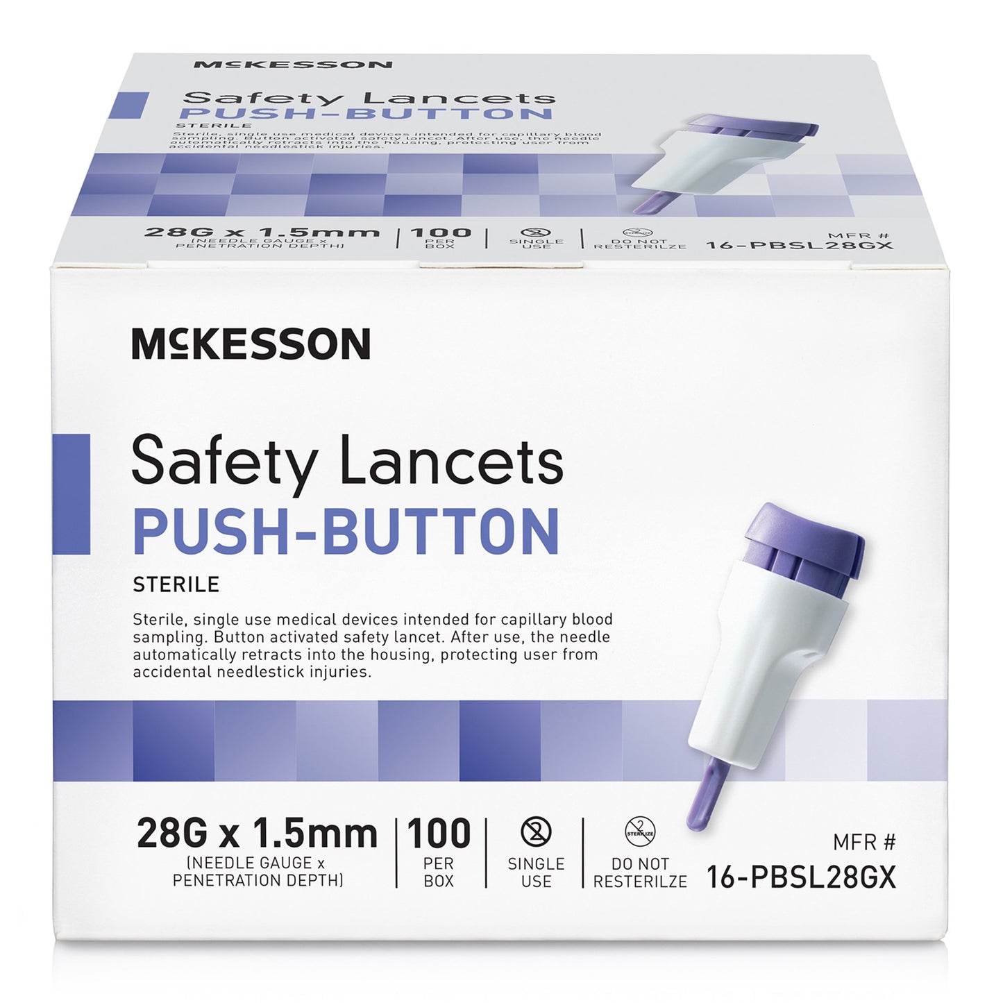 LANCET, SAFETY PUSH-BUTTON 28GNDL 1.5MM LF PUR (100/BX 20BX)