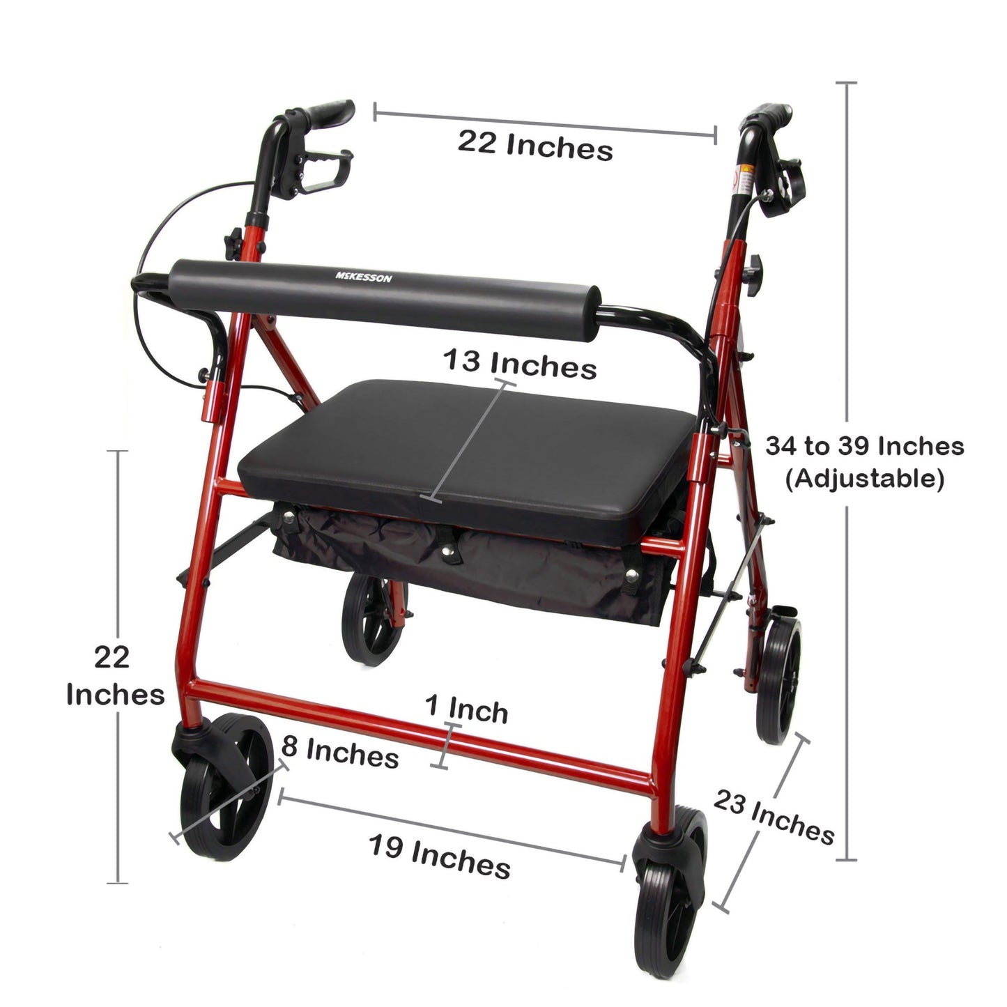 WALKER, ROLLATOR HVY DUTY FOLDING STEEL W/8" WHLS RED 400LB