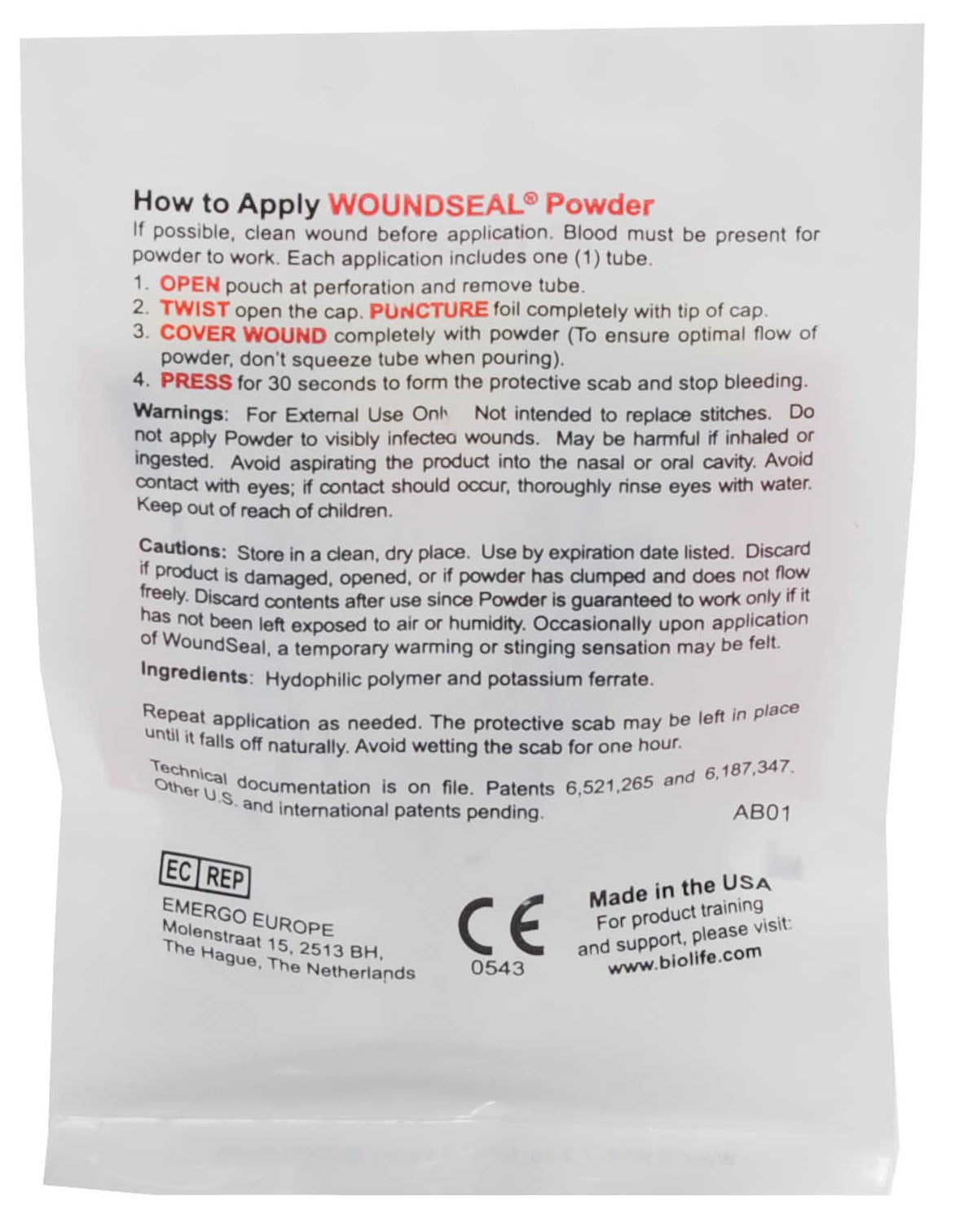 WOUND SEAL, BLEEDING CNTRL BIOLIFE QR PDR (2/PK)